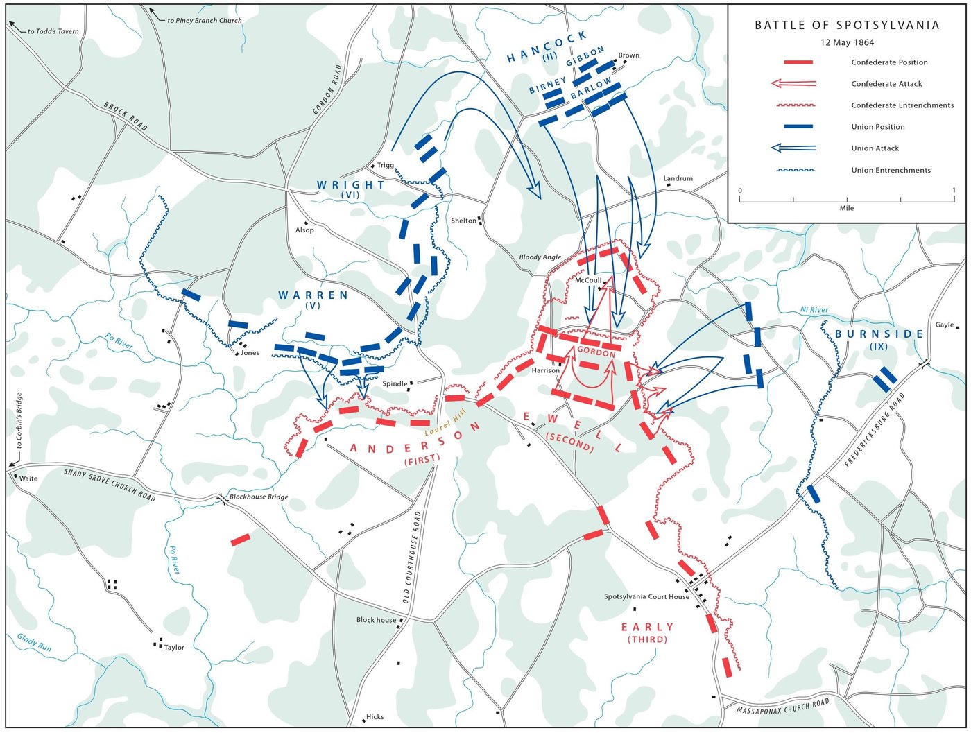 Map of the Spotsylvania battlefield with blue Union attacks against a red Confederate salient