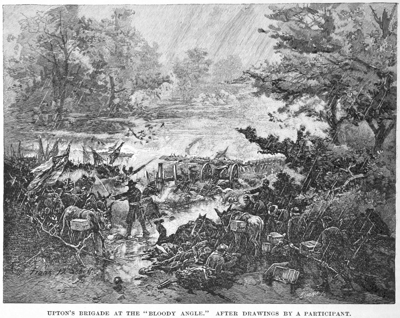 Engraving of Union infantry swarming over Confederate earthworks in heavy smoke