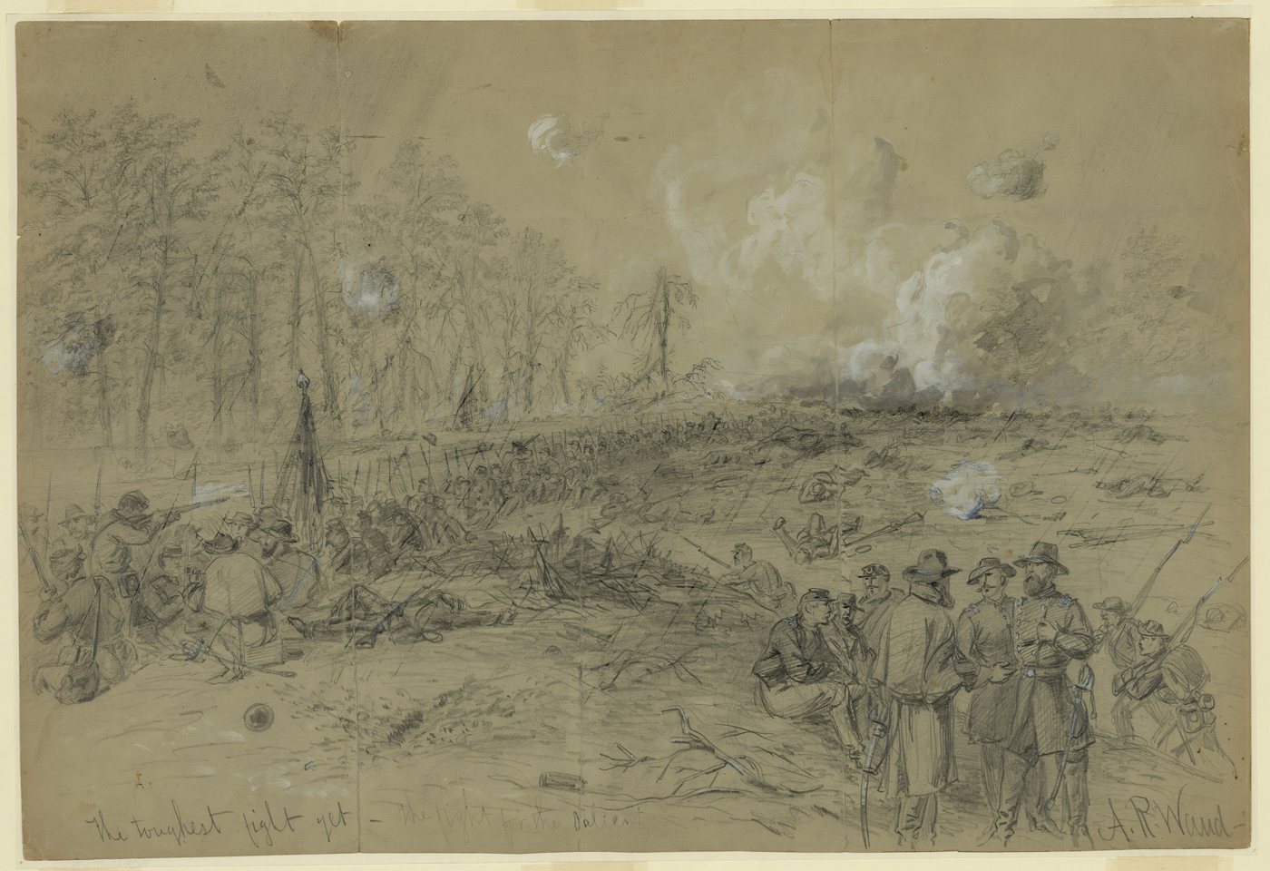 Sketch on green paper of soldiers in a smoky wood with officers watching in the foreground