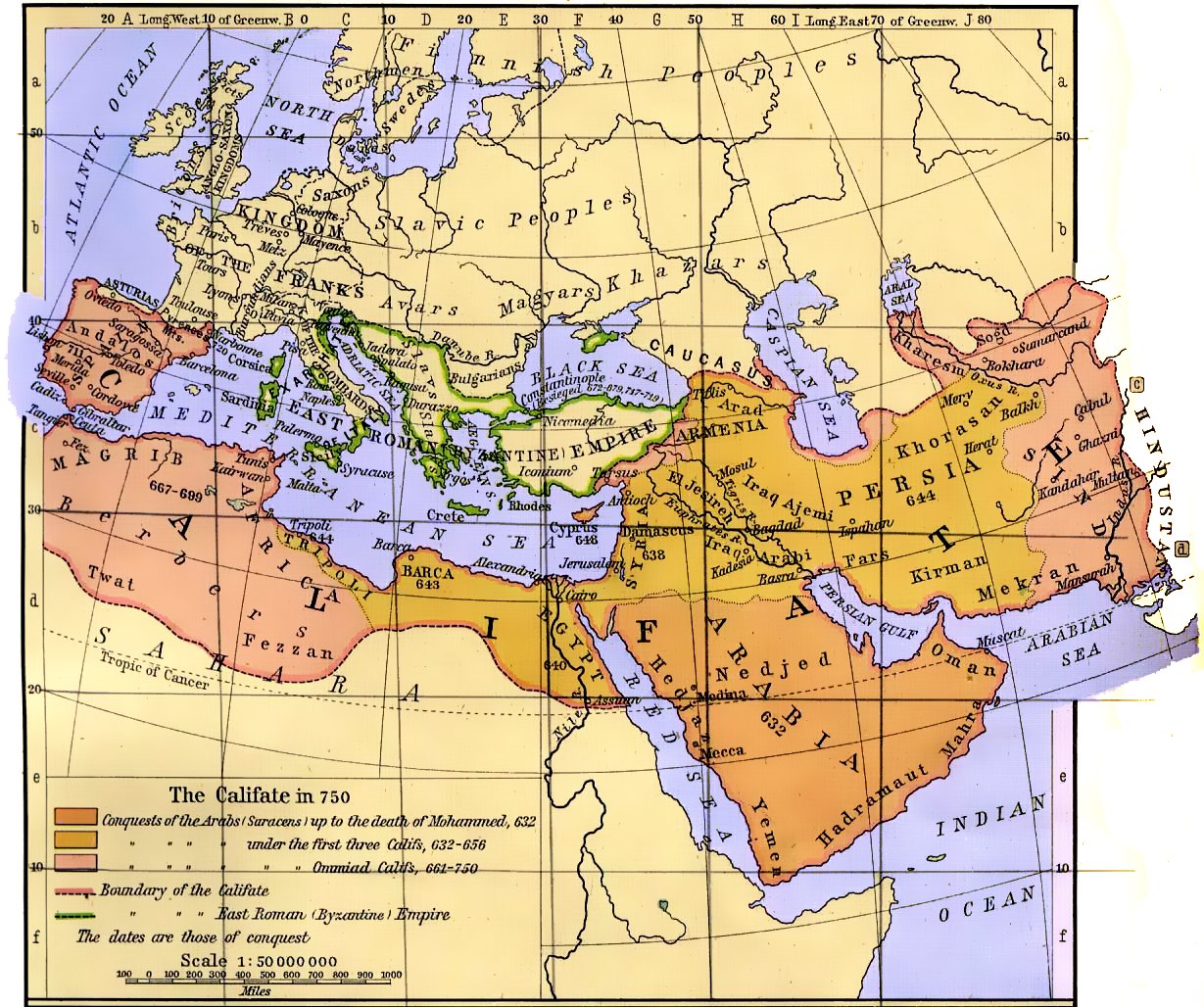 Kolorowa mapa z atlasu historycznego ukazująca kalifat od Hiszpanii po Azję Środkową około 750 roku