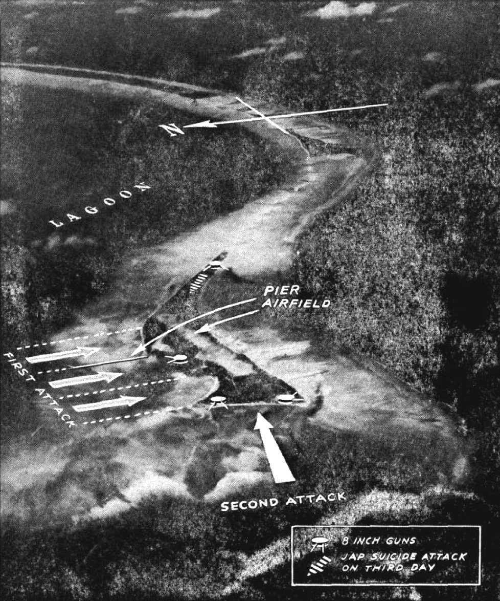 Annotated aerial photograph of Betio with arrows marking the landing attacks across the lagoon