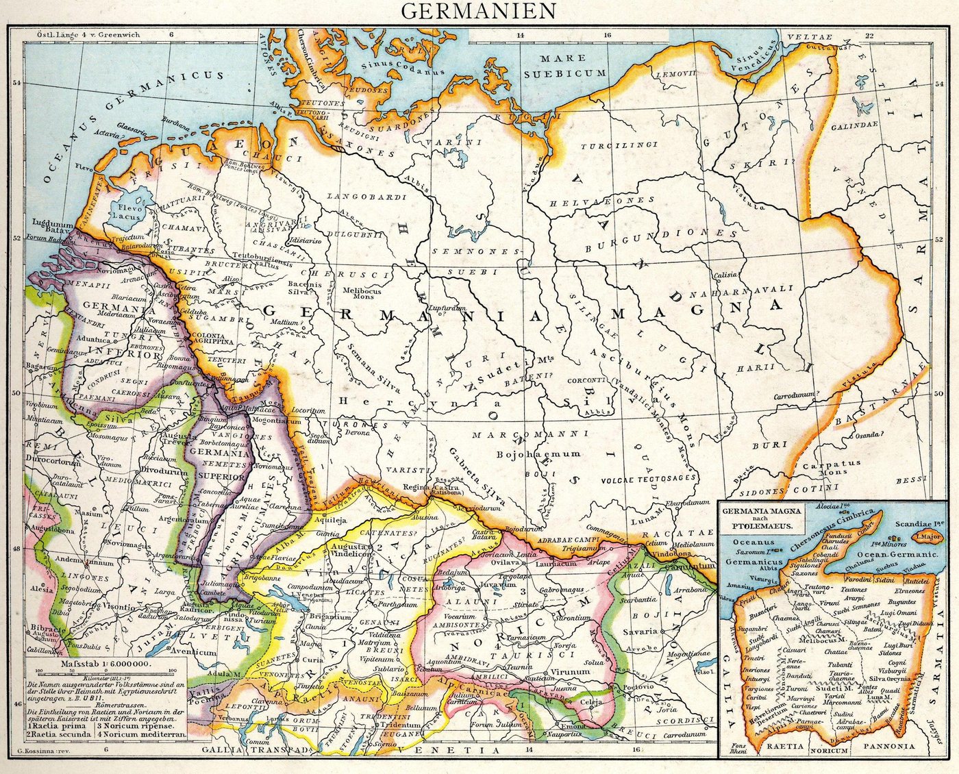 Historical map of ancient Germania with tribal names between the Rhine and the Vistula