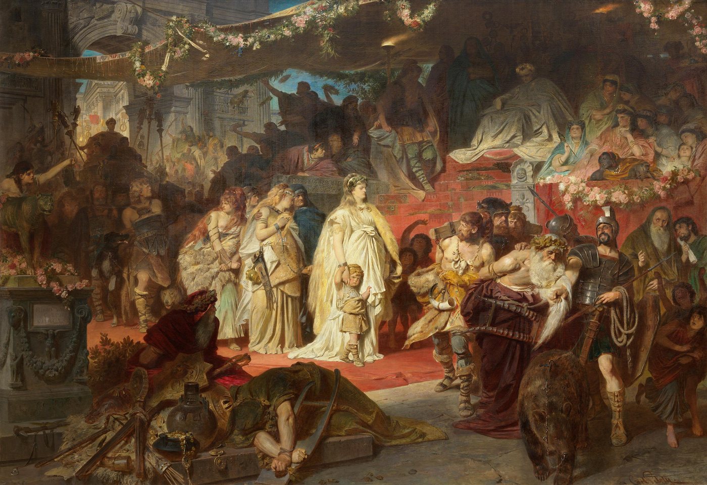 Painting of a Germanic woman in white led as a captive before the Roman emperor