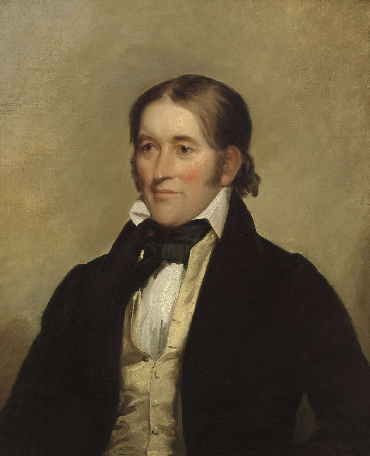 Oil portrait of Davy Crockett in a dark coat and white shirt