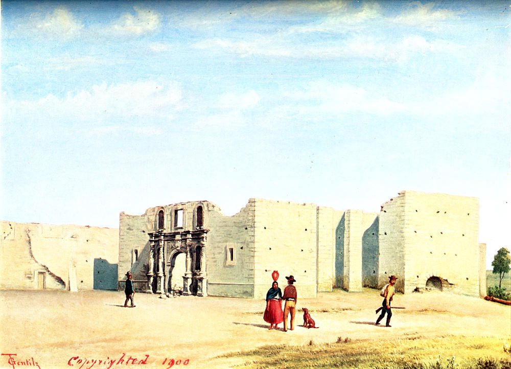 Painting of the ruined Alamo mission church facade and walls with a few figures in front