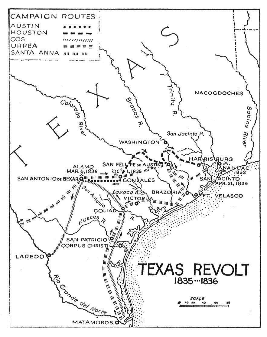 Black and white map of Texas with dotted campaign routes leading to the Alamo and San Jacinto
