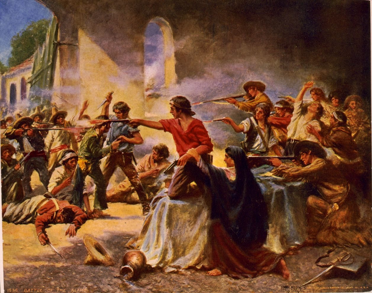 Painting of defenders and civilians fighting Mexican soldiers inside a smoky stone building