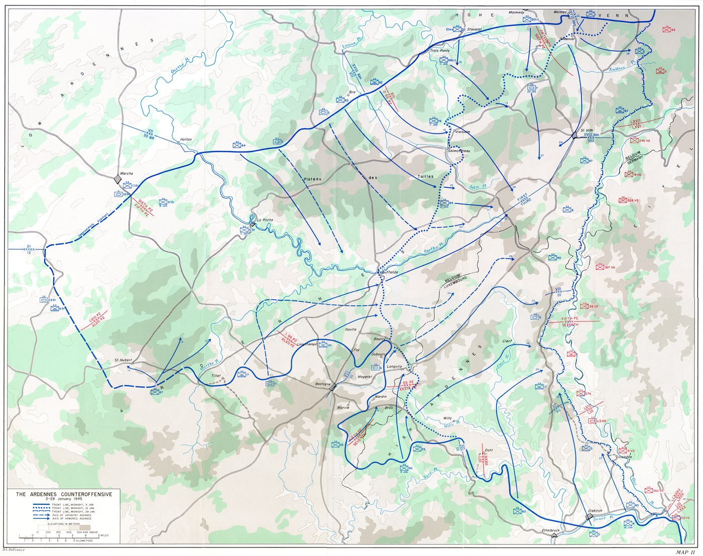 Military map of the Ardennes showing Allied advances closing in on the German salient
