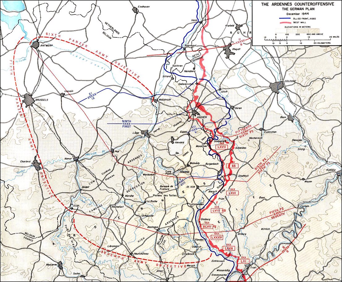 Military map of Belgium and Luxembourg with red arrows of the planned German thrust towards Antwerp