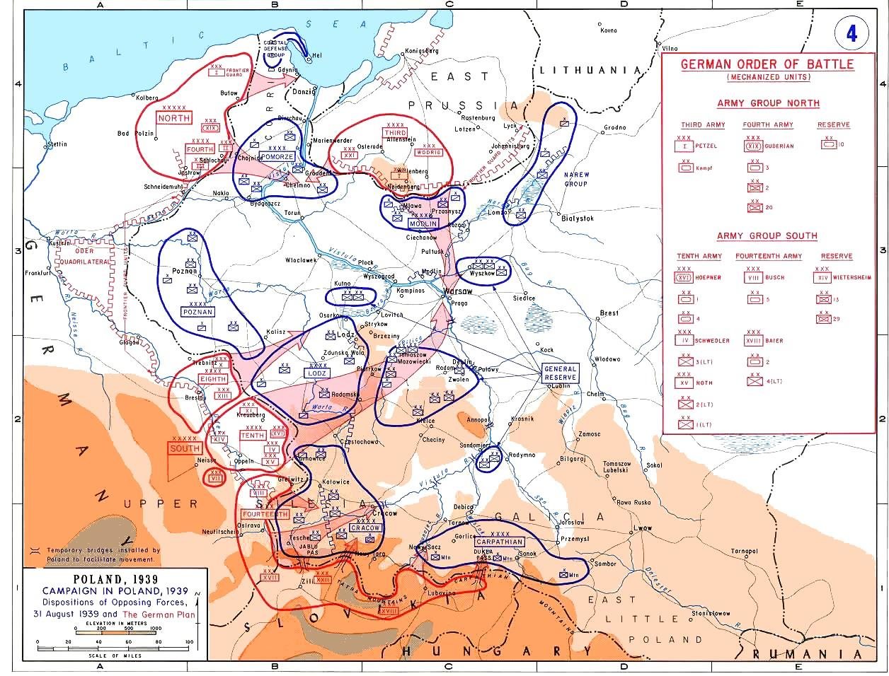 Wojskowa mapa Polski z 1939 roku z pozycjami armii polskich i niemieckich oraz strzałkami