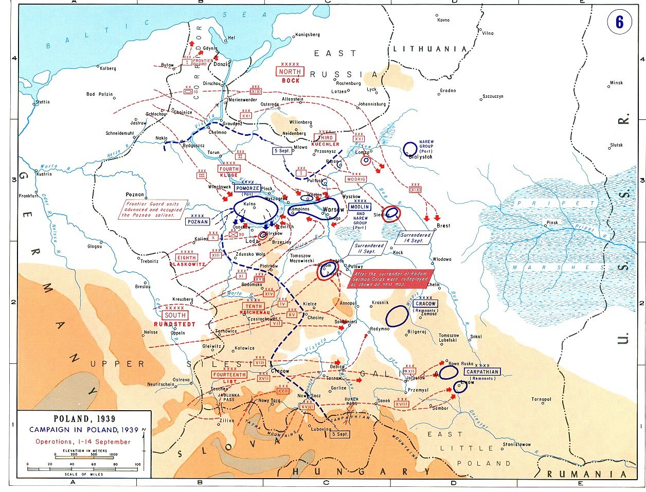 Wojskowa mapa działań w Polsce we wrześniu 1939 roku z okrążonymi siłami polskimi