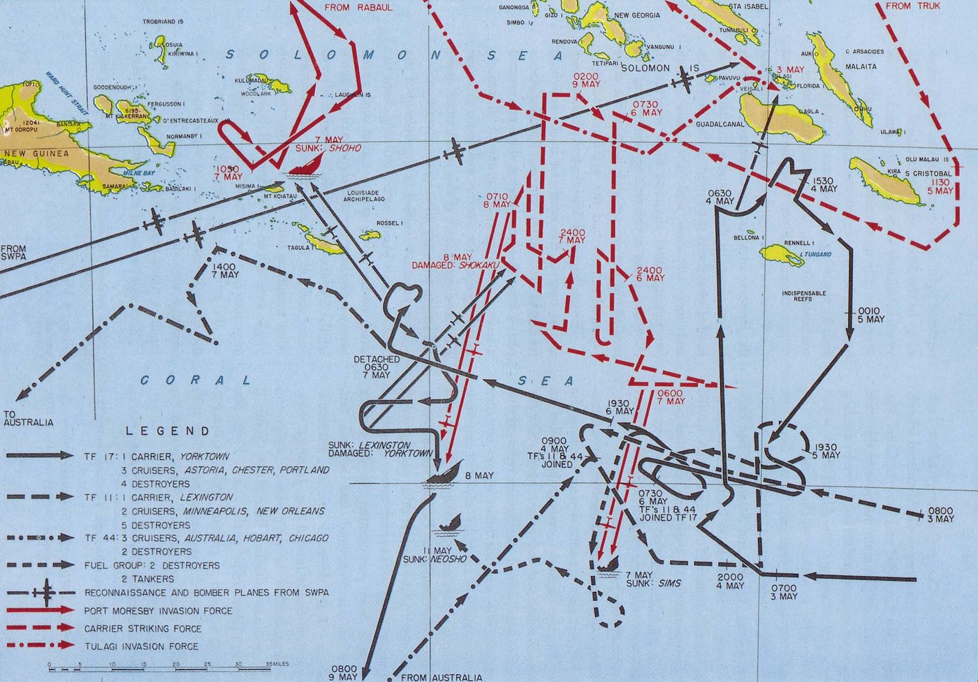 Military map of the Coral Sea with dashed and solid lines showing the tracks of the rival fleets