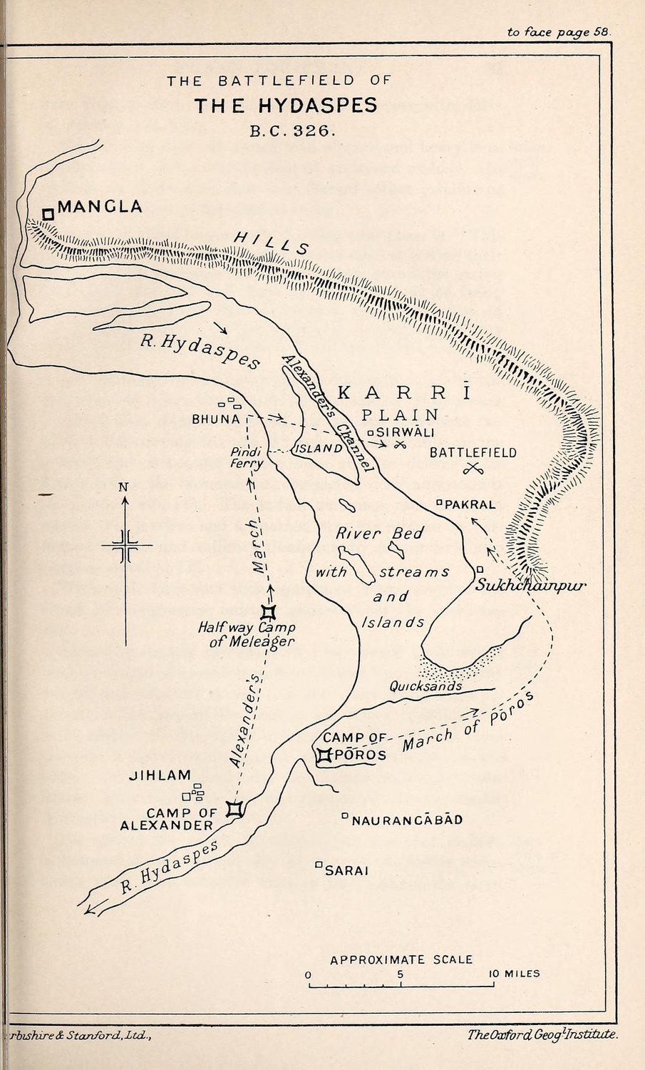 Old printed map of the Hydaspes river with its islands, the two camps and the line of Alexander's march