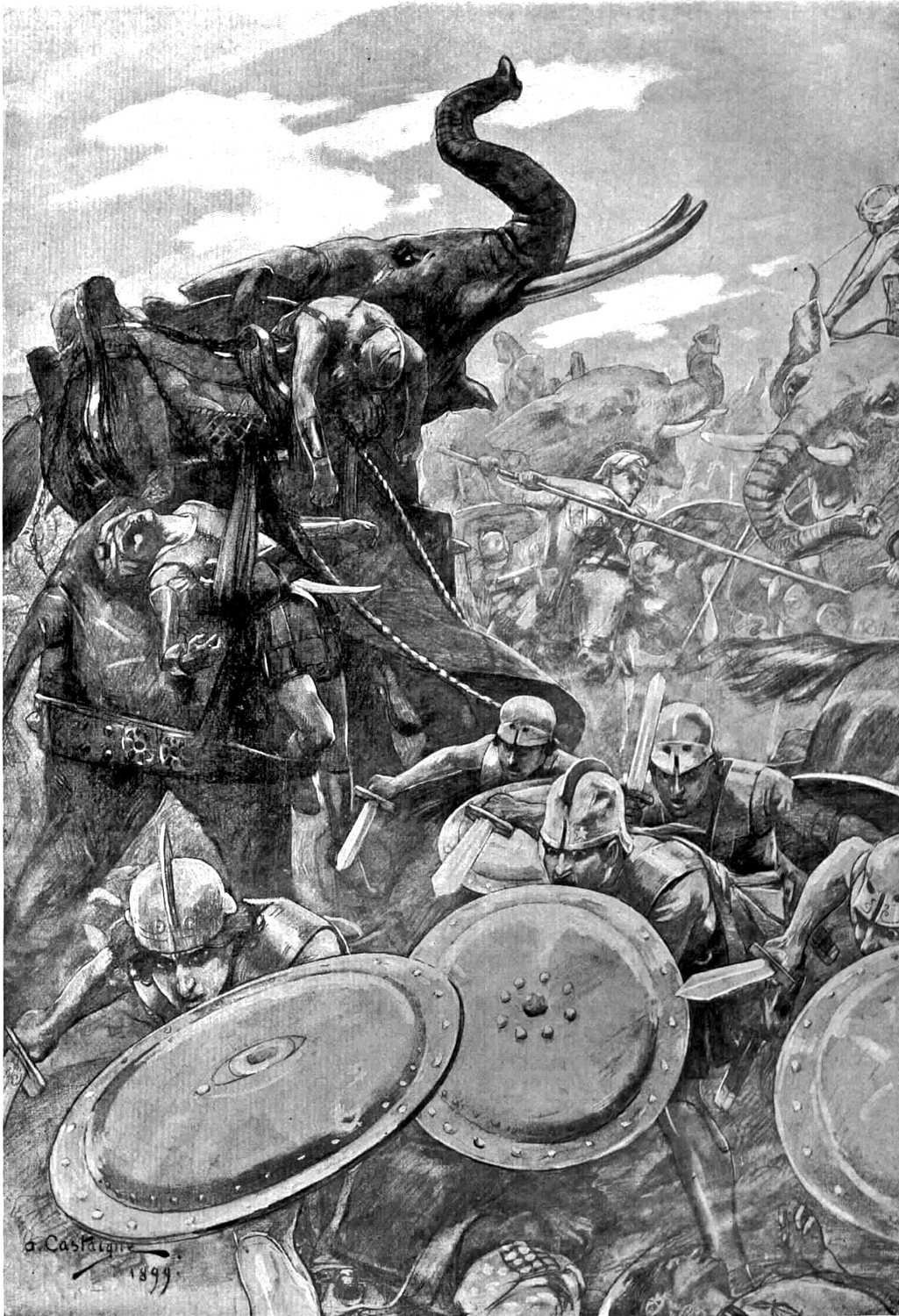 Black and white drawing of Macedonian infantry with shields and spears fighting a rearing war elephant