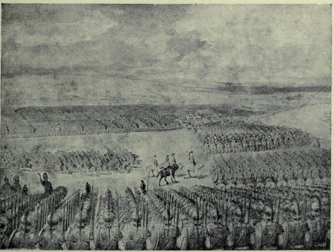 Monochrome illustration of a vast Indian army with rows of war elephants beside a wide river