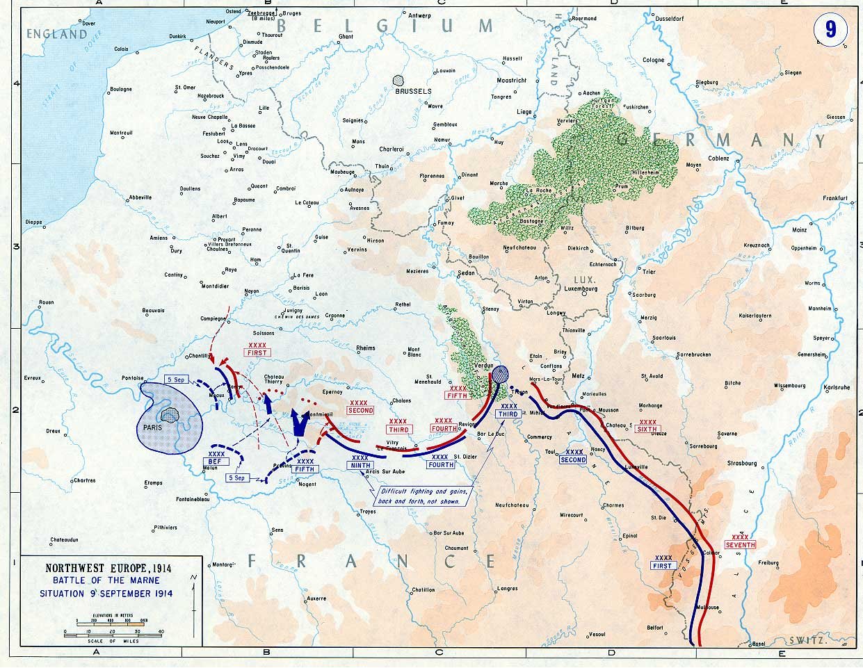Mapa północnej Francji z armiami nad Marną 9 września 1914 roku