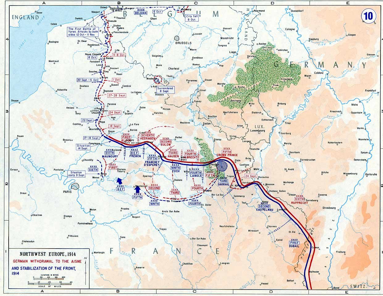 Mapa linii frontu zachodniego jesienią 1914 roku