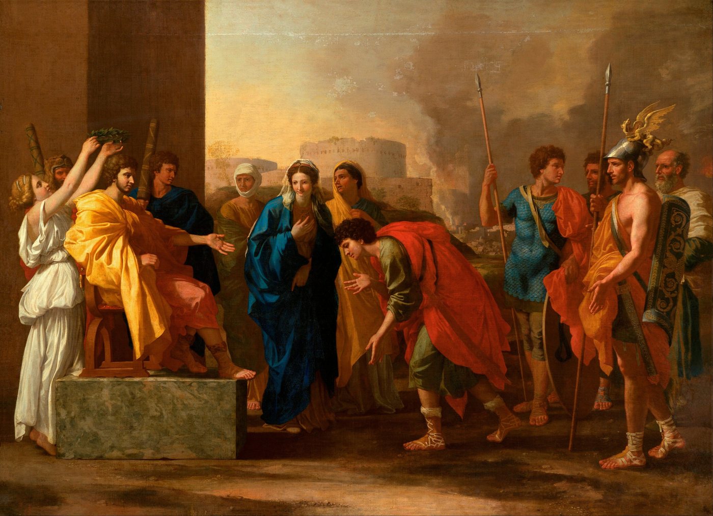 Classical painting of a Roman general on a throne being crowned while a young woman is presented to him