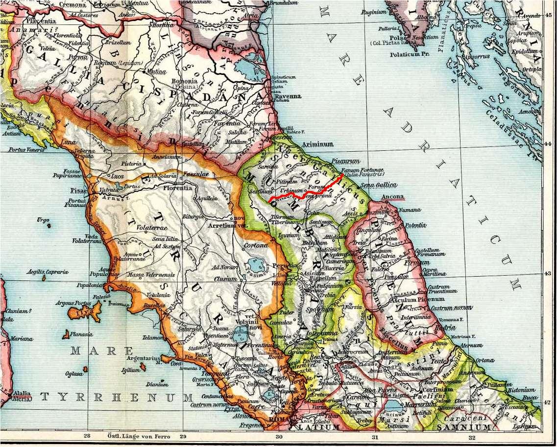 Coloured historical map of central Italy with ancient place names