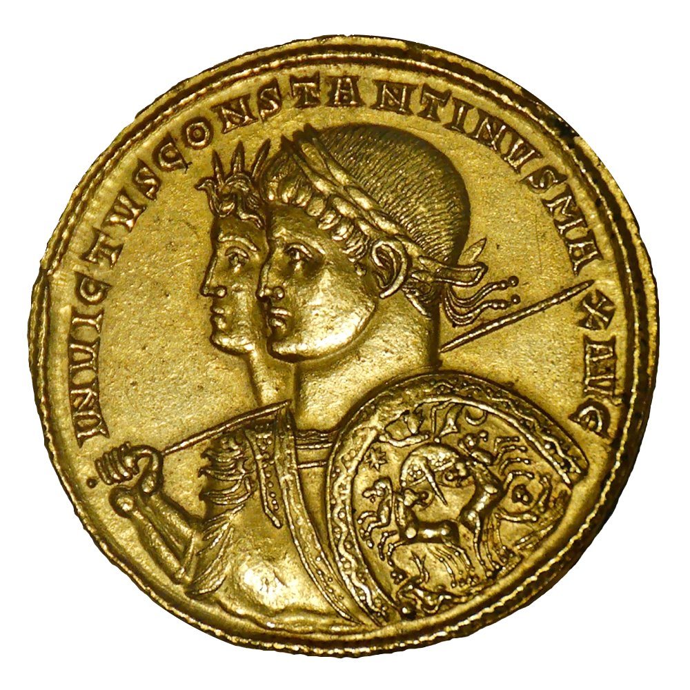 Gold Roman coin with the overlapping profile busts of Constantine and the radiate sun god