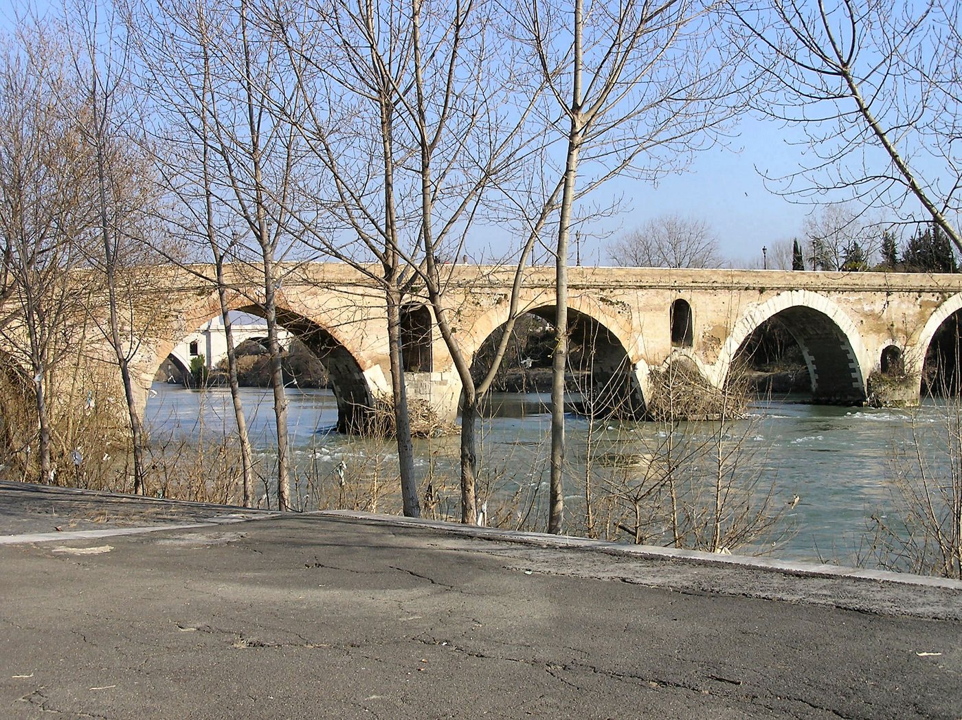 Photograph of an old stone arched bridge across the Tiber with bare trees on the bank
