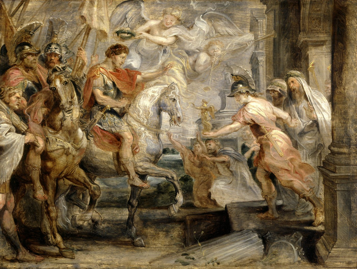 Baroque painting of Constantine on horseback entering Rome, crowned by a winged Victory