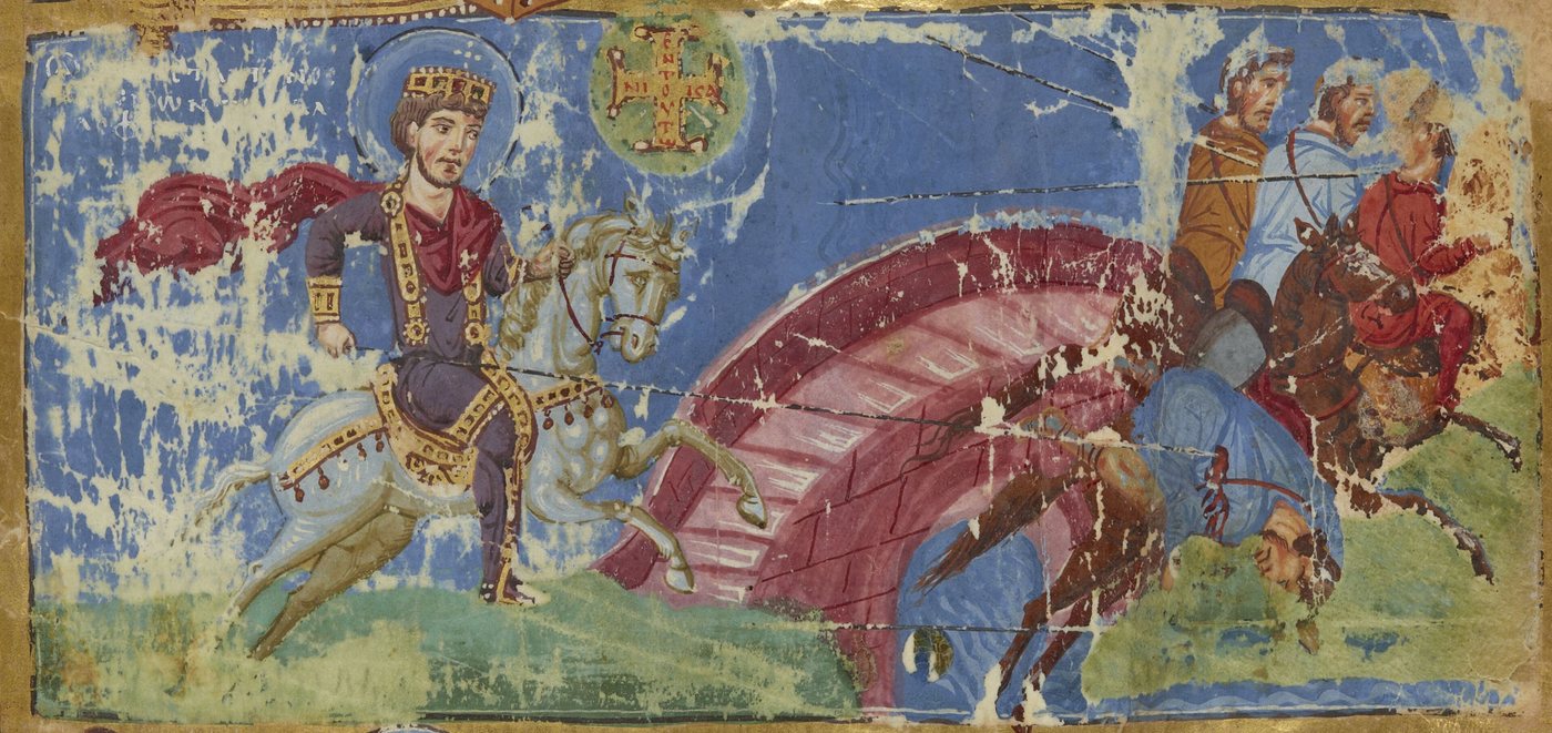Byzantine miniature of a crowned rider beneath a cross in the sky beside a fight at a bridge
