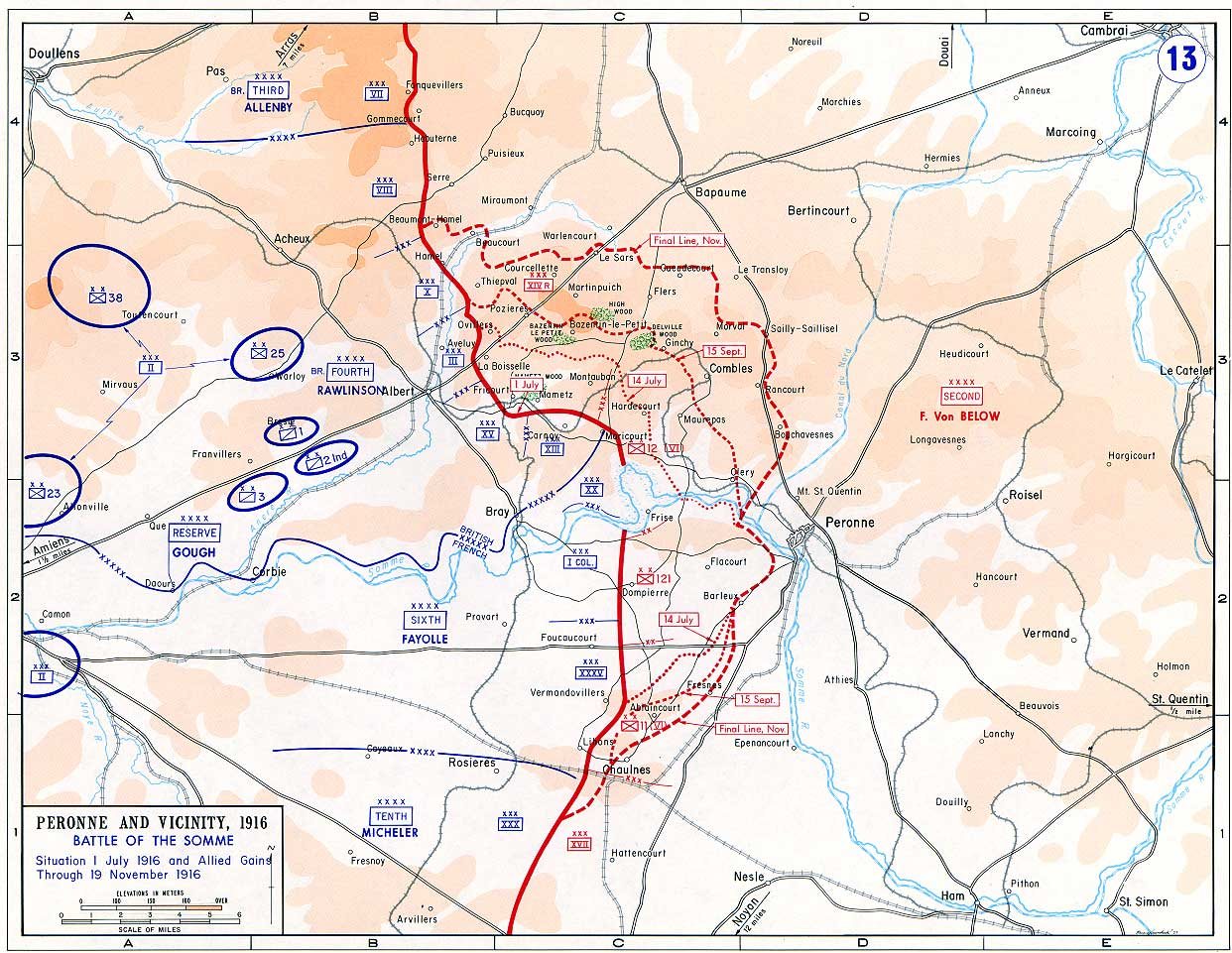 Kolorowa mapa wojskowa frontu nad Sommą z linią wyjściową i zasięgiem natarcia aliantów