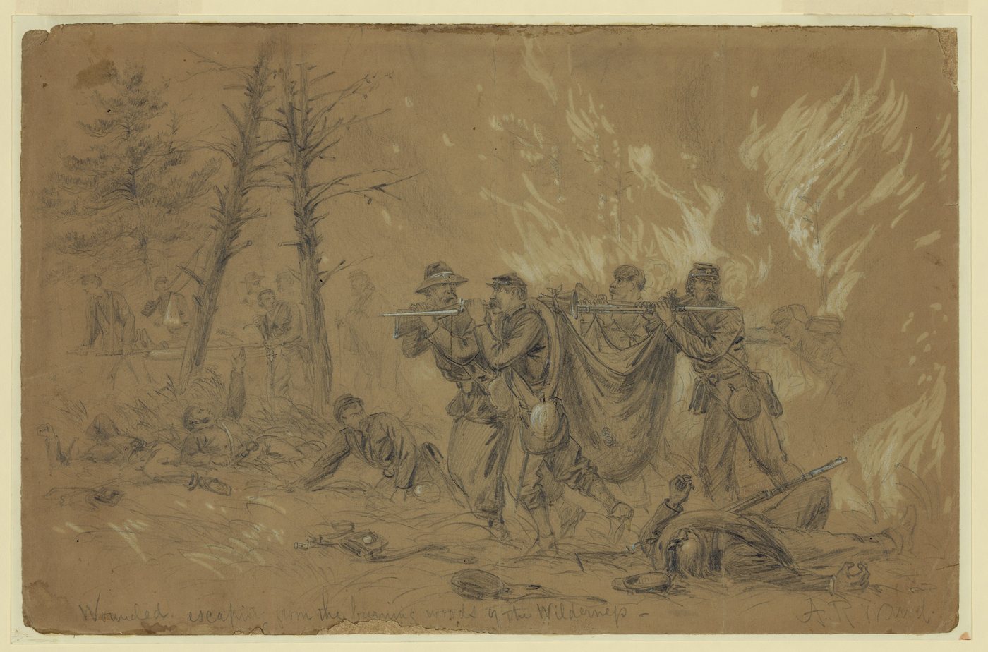 Pencil sketch of soldiers carrying a wounded man on a blanket through a burning forest