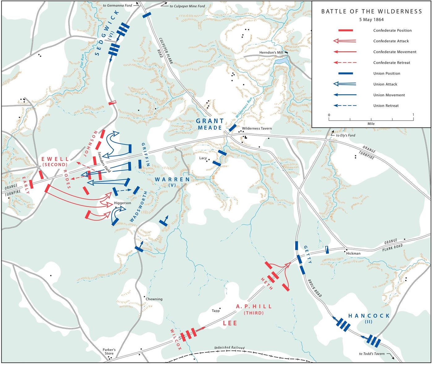 Military map with blue Union and red Confederate positions along the roads through the Wilderness