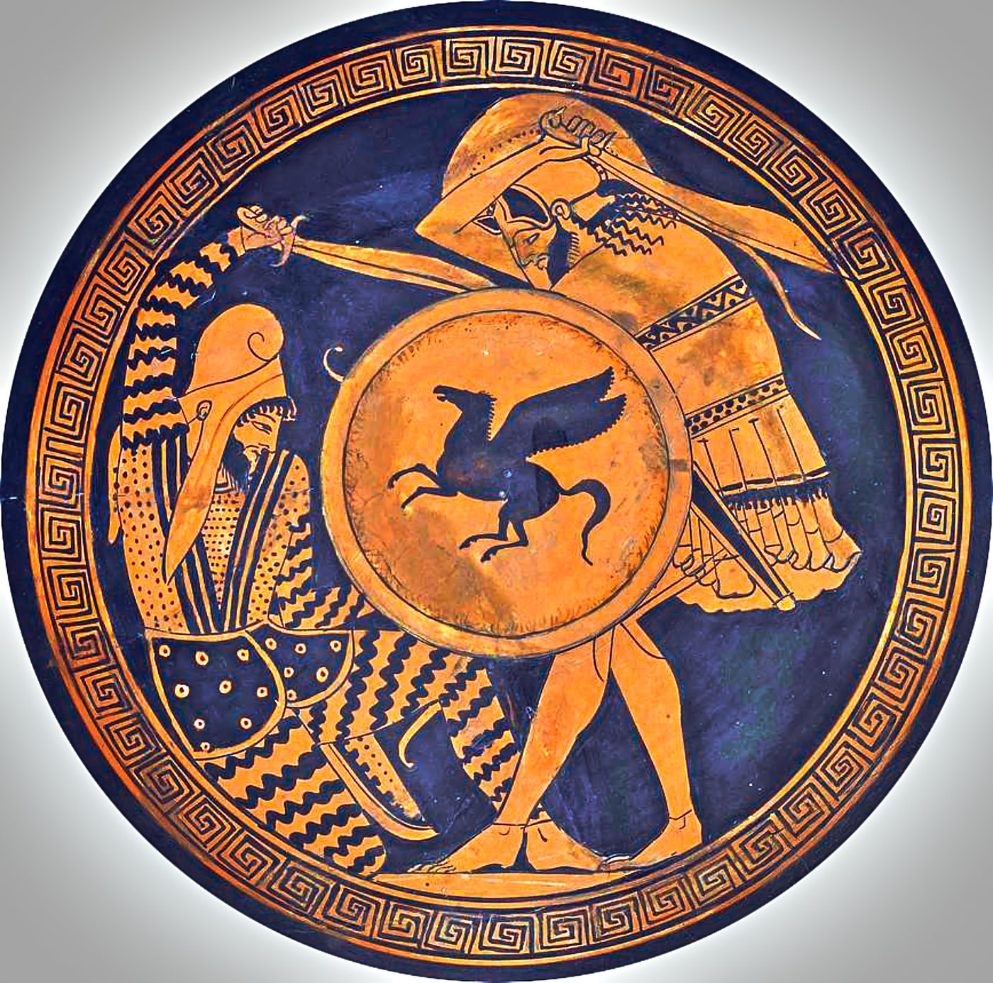 Red-figure cup painting of a Greek hoplite with a round shield attacking a Persian in patterned clothing