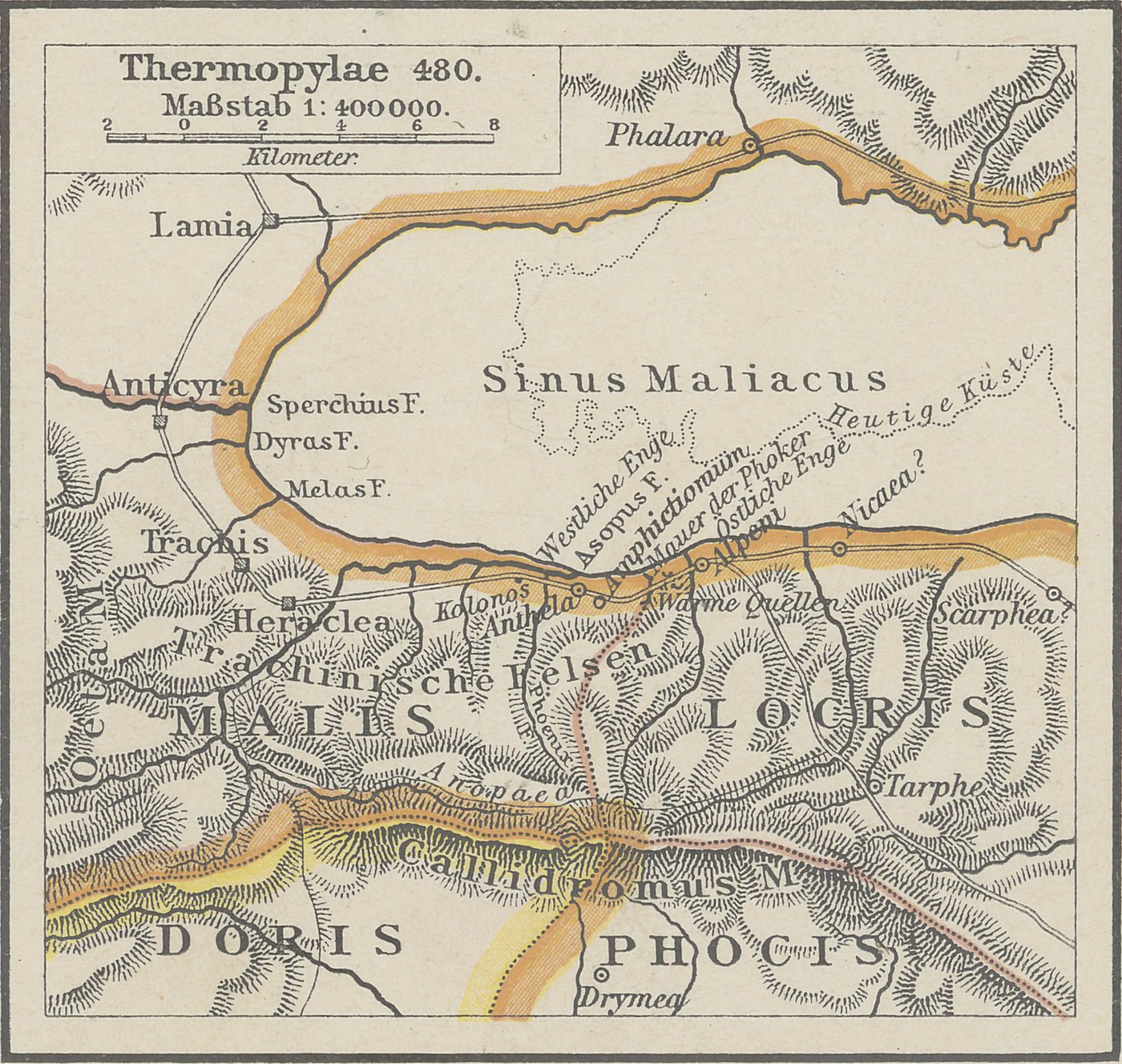 Historical map of Thermopylae showing the Malian Gulf, the coastal narrows and the Anopaea mountain path