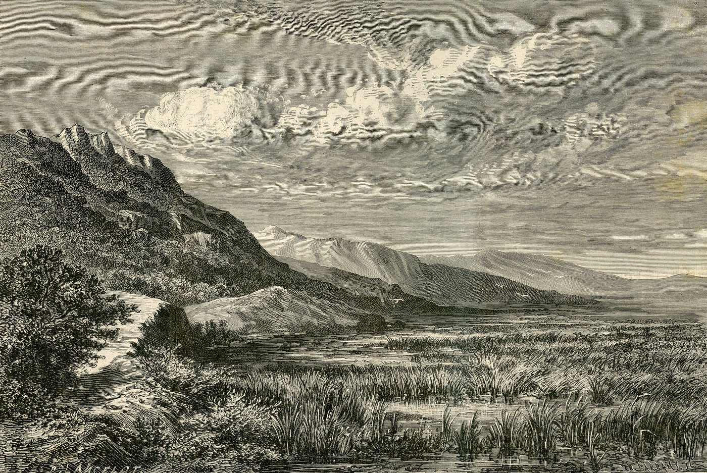 Engraving of the narrow pass of Thermopylae with mountains on the left and marsh on the right
