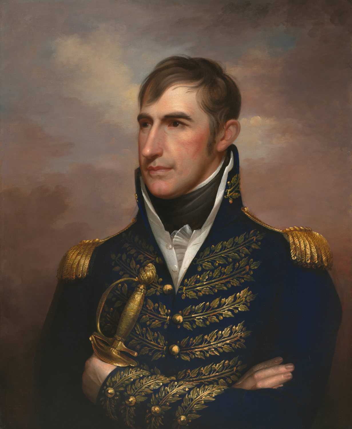 Oil portrait of William Henry Harrison in a dark military coat with gold epaulettes