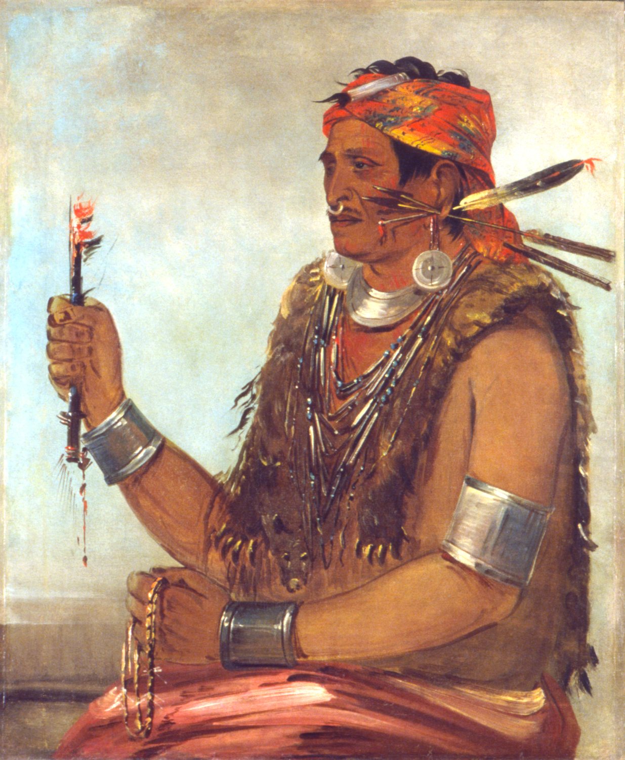 Painted portrait of Tenskwatawa wearing a red headscarf, ear ornaments and holding ritual objects