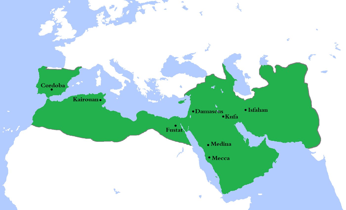 Mapa basenu Morza Śródziemnego i Bliskiego Wschodu z Kalifatem Umajjadów zaznaczonym na zielono
