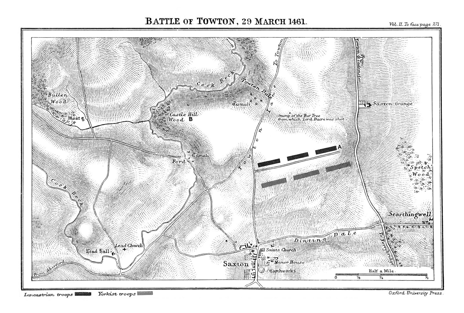 Kreskowana grawerowana mapa pofałdowanego terenu między Saxton a Towton, ze strumieniem Cock Beck wijącym się od zachodu i północy, zaznaczonymi Castle Hill Wood, Towton Dale i Dintingdale oraz dwiema liniami ciemnych i szarych prostokątów oznaczających wojska Lancasterów i Yorków naprzeciw siebie na południe od Towton Dale