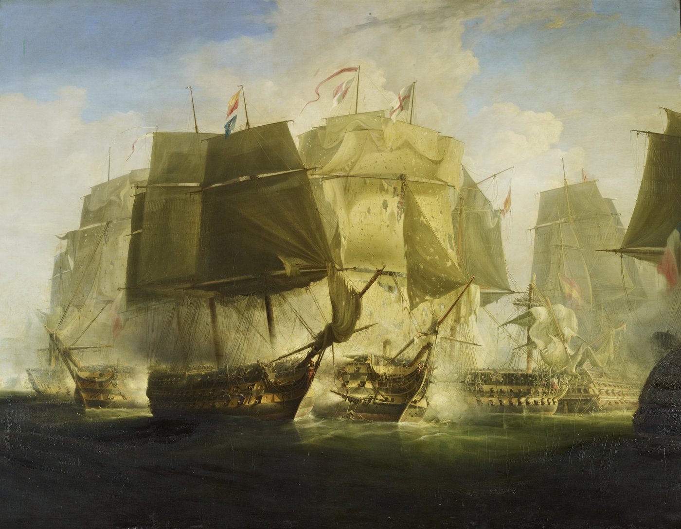 Ships of the line firing broadsides at close range in thick smoke