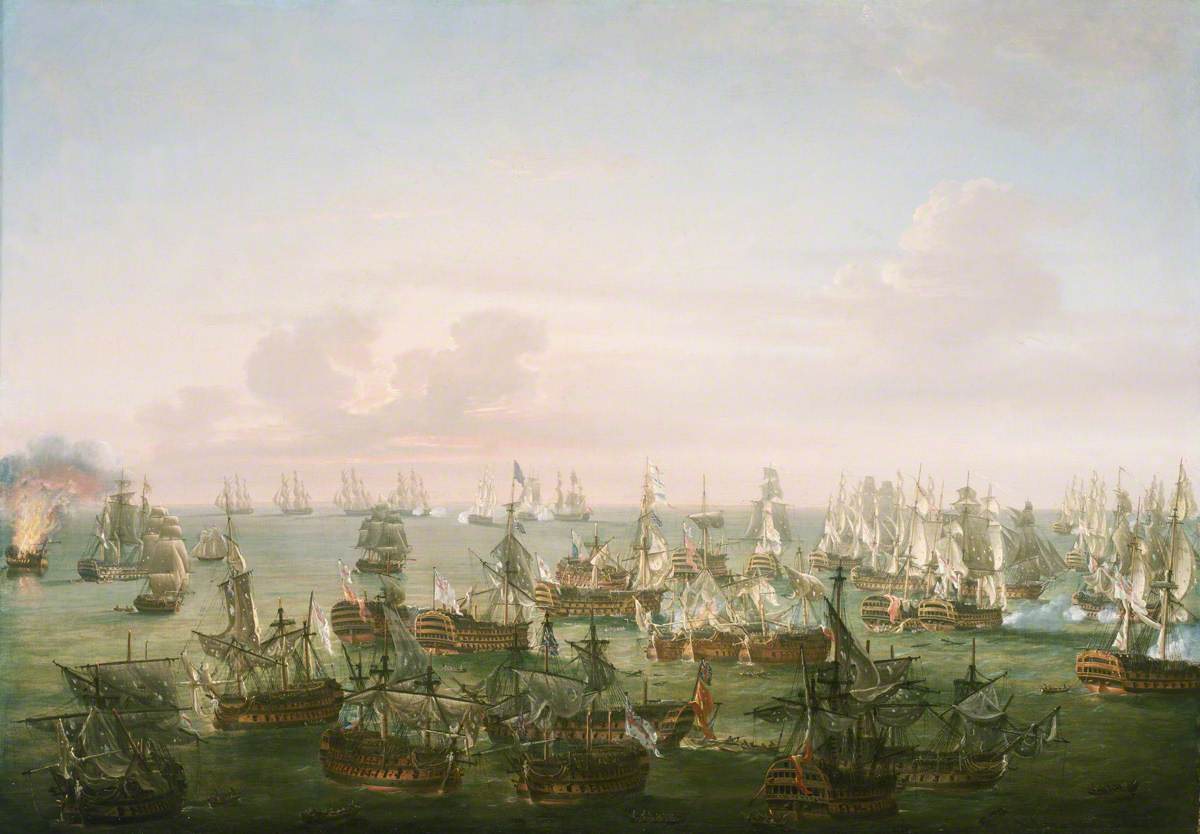 Wide seascape of battered sailing warships after the battle