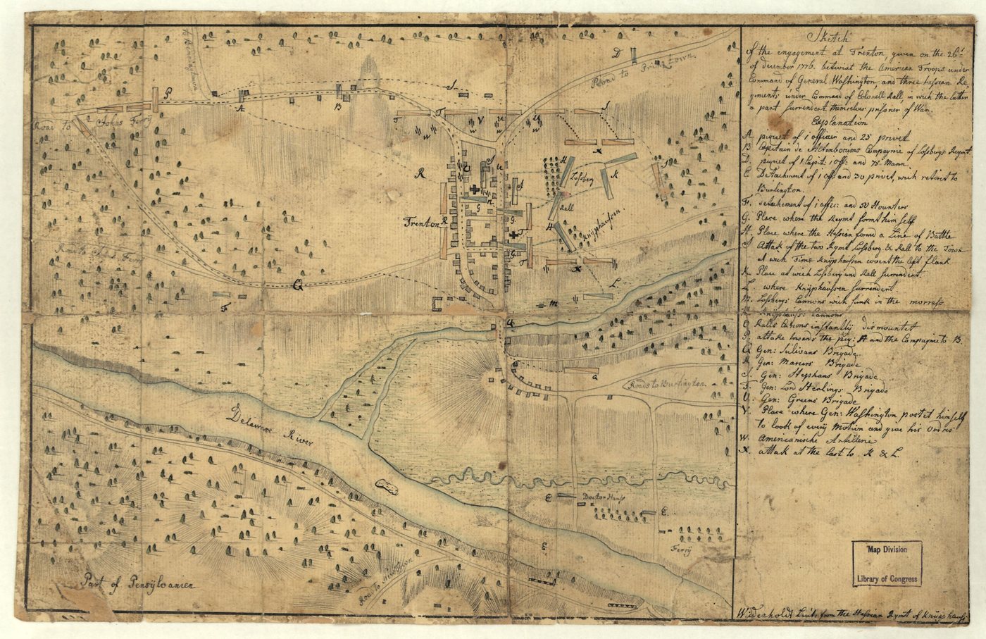 Hand-drawn 18th century map of Trenton and the Delaware River with a handwritten key