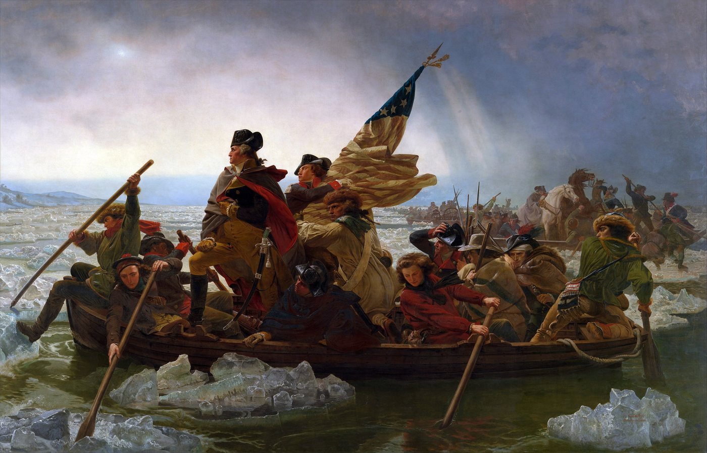 Painting of George Washington standing in a crowded rowing boat among ice floes on a wide river