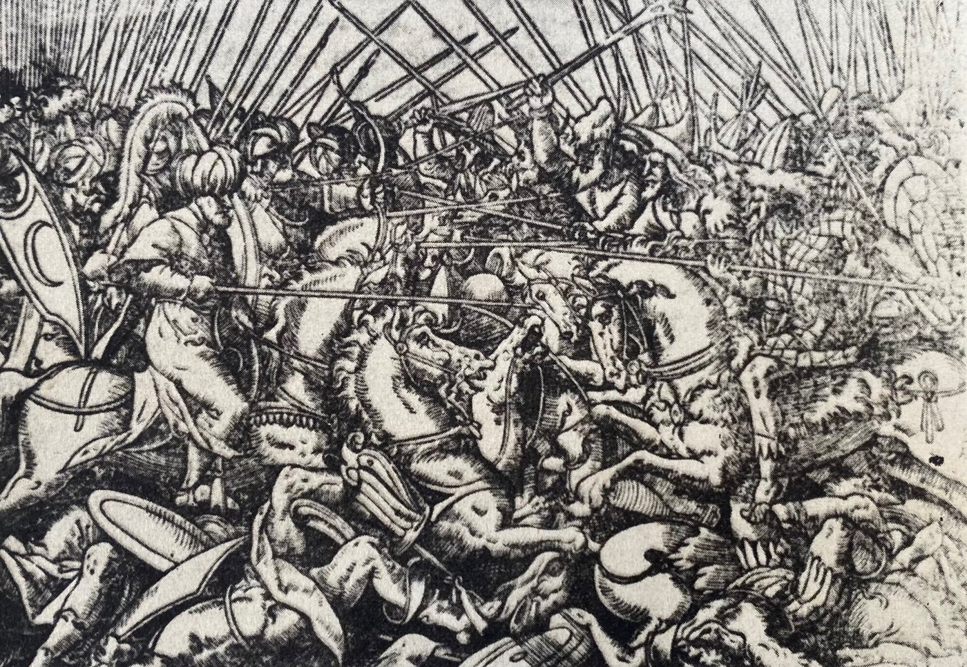 Black and white woodcut of a crowded cavalry battle: turbaned horsemen with crescent shields and armored knights with long lances collide, with fallen men and horses heaped in the foreground