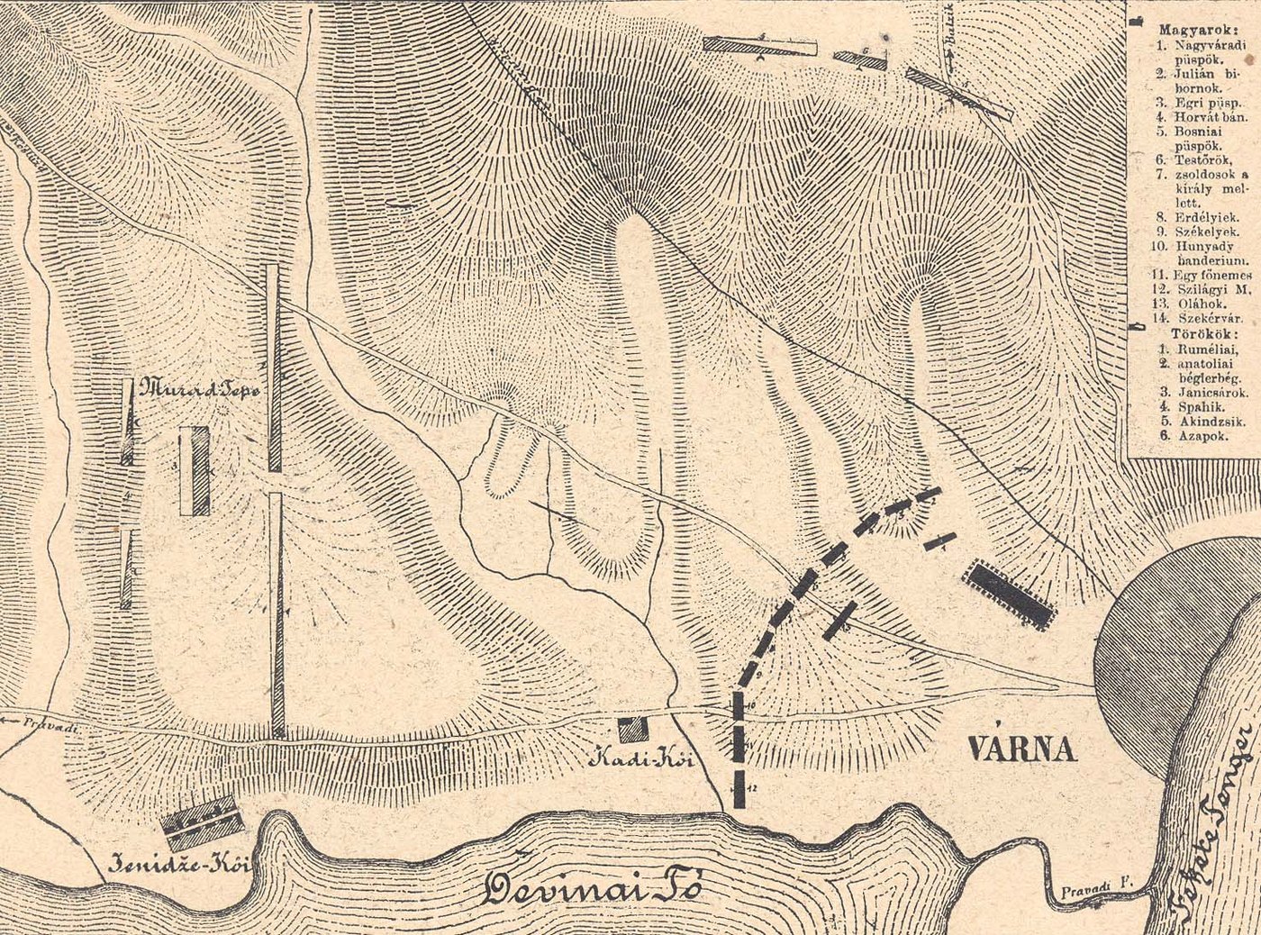 Old sepia battle plan with hatched hills, Lake Devnya along the bottom, the town of Varna and the sea on the right, black bars marking the Hungarian and Ottoman units and a numbered key in Hungarian