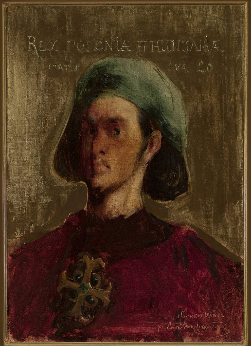 Oil sketch of a young man with a thin mustache in a green cap and a crimson robe with a jeweled cross, against a gold-brown background inscribed Rex Poloniae et Hungariae