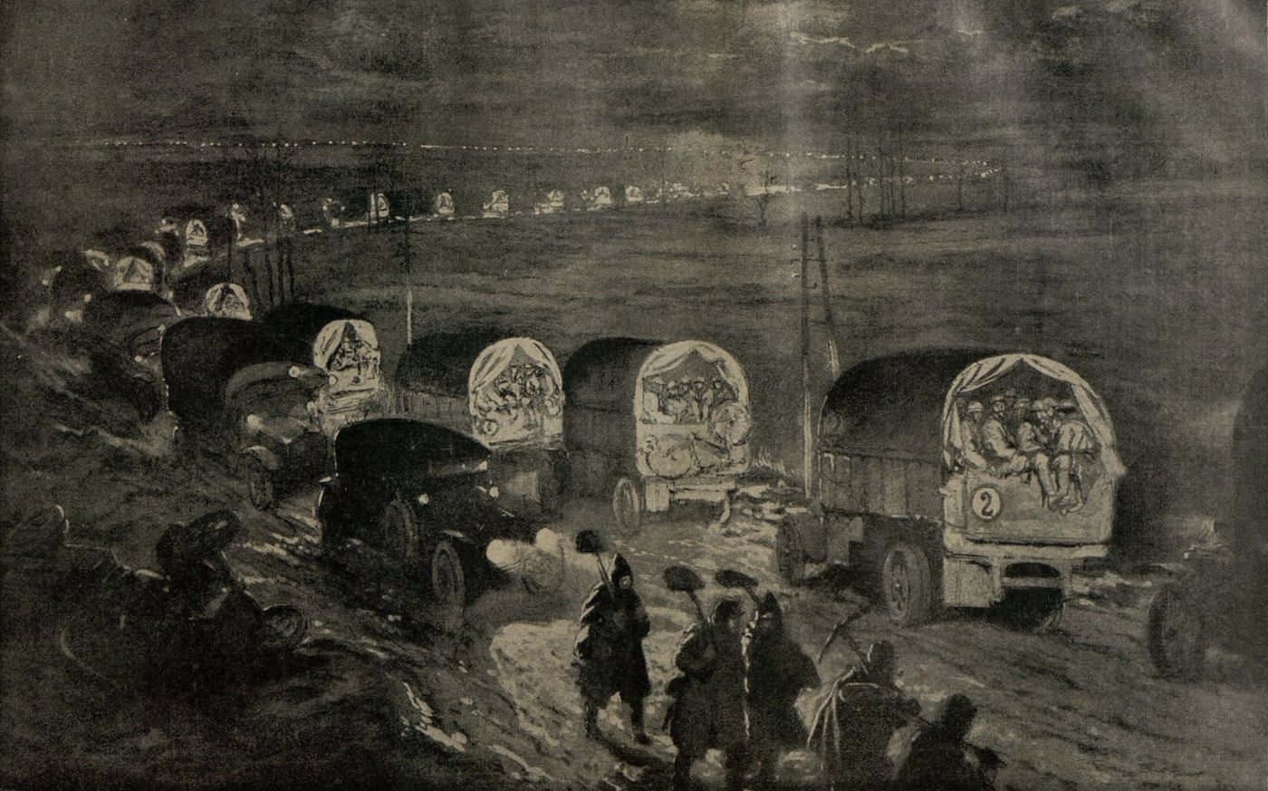 Illustration of a long column of covered army trucks on a road at dusk