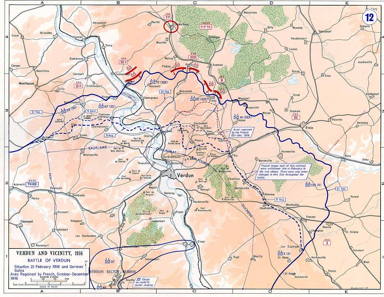Military map of the Verdun sector with front lines on both banks of the Meuse