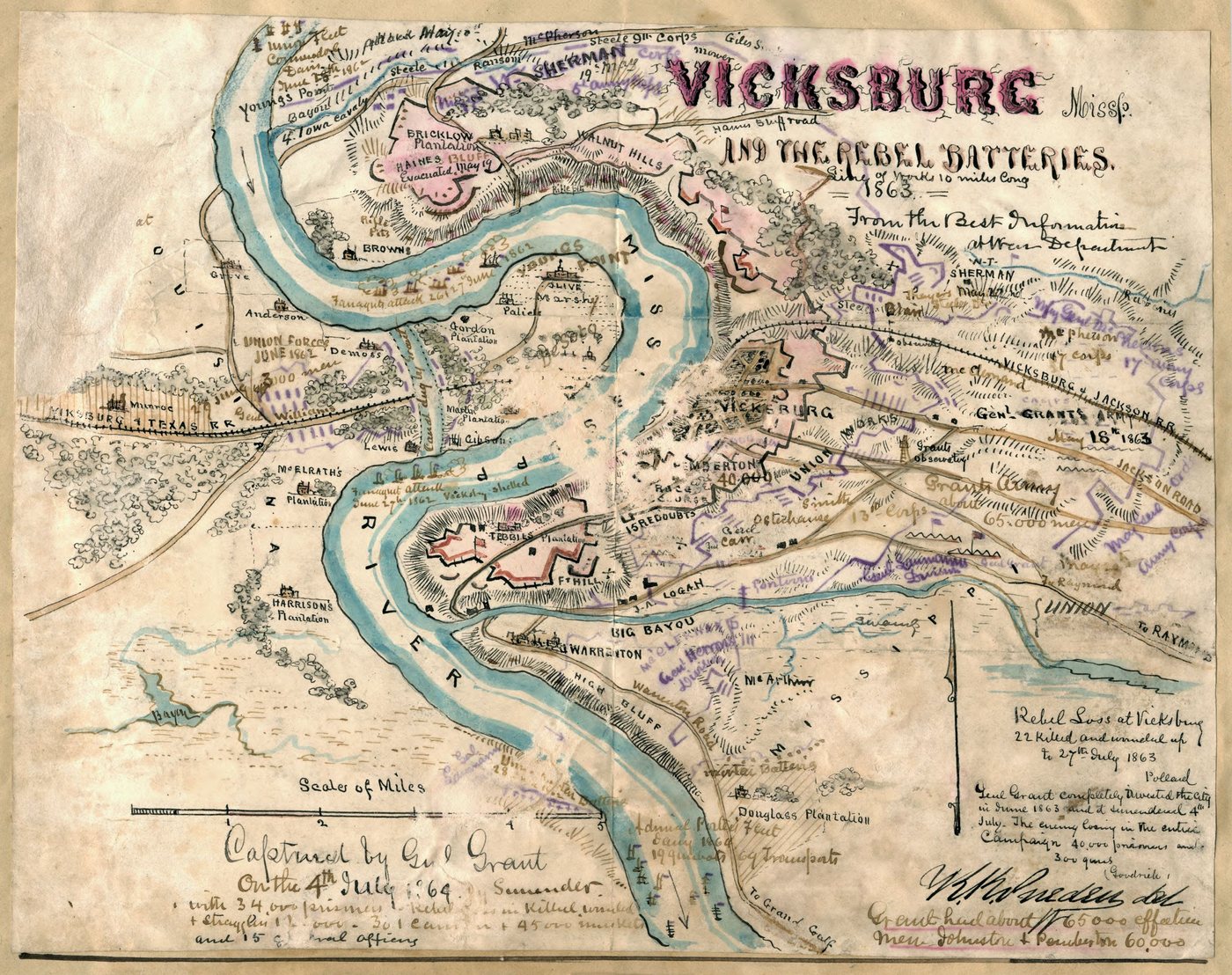 Hand-coloured Civil War map of the winding Mississippi with Vicksburg and its batteries on the east bank