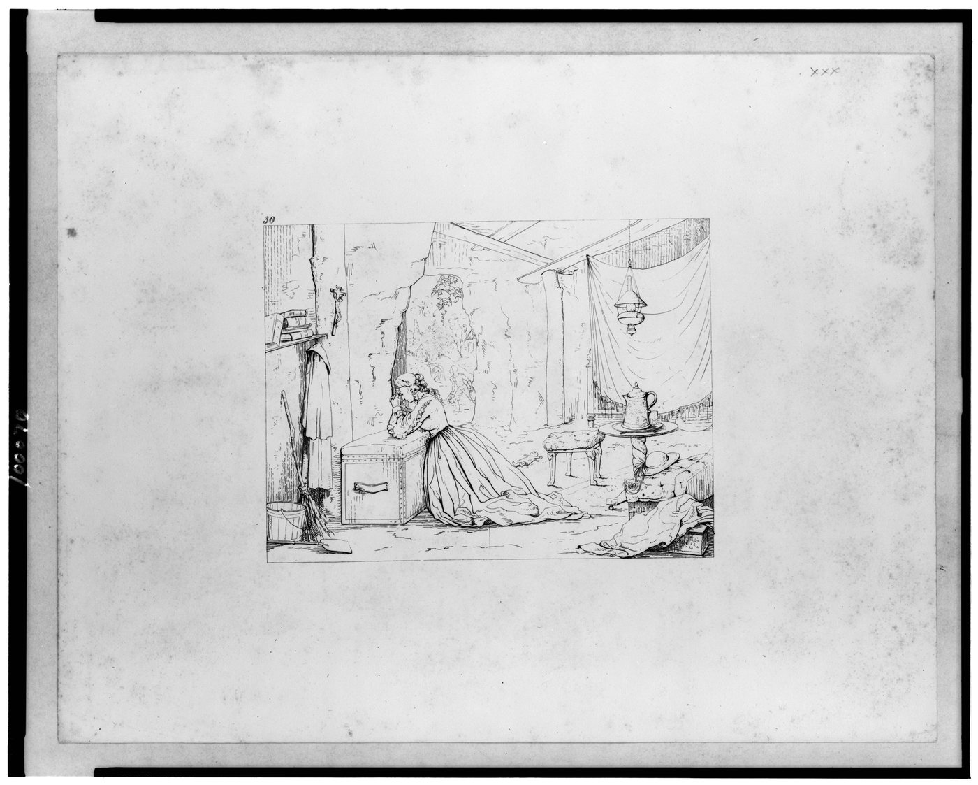 Etching of a woman kneeling in prayer inside a cave furnished as a makeshift home
