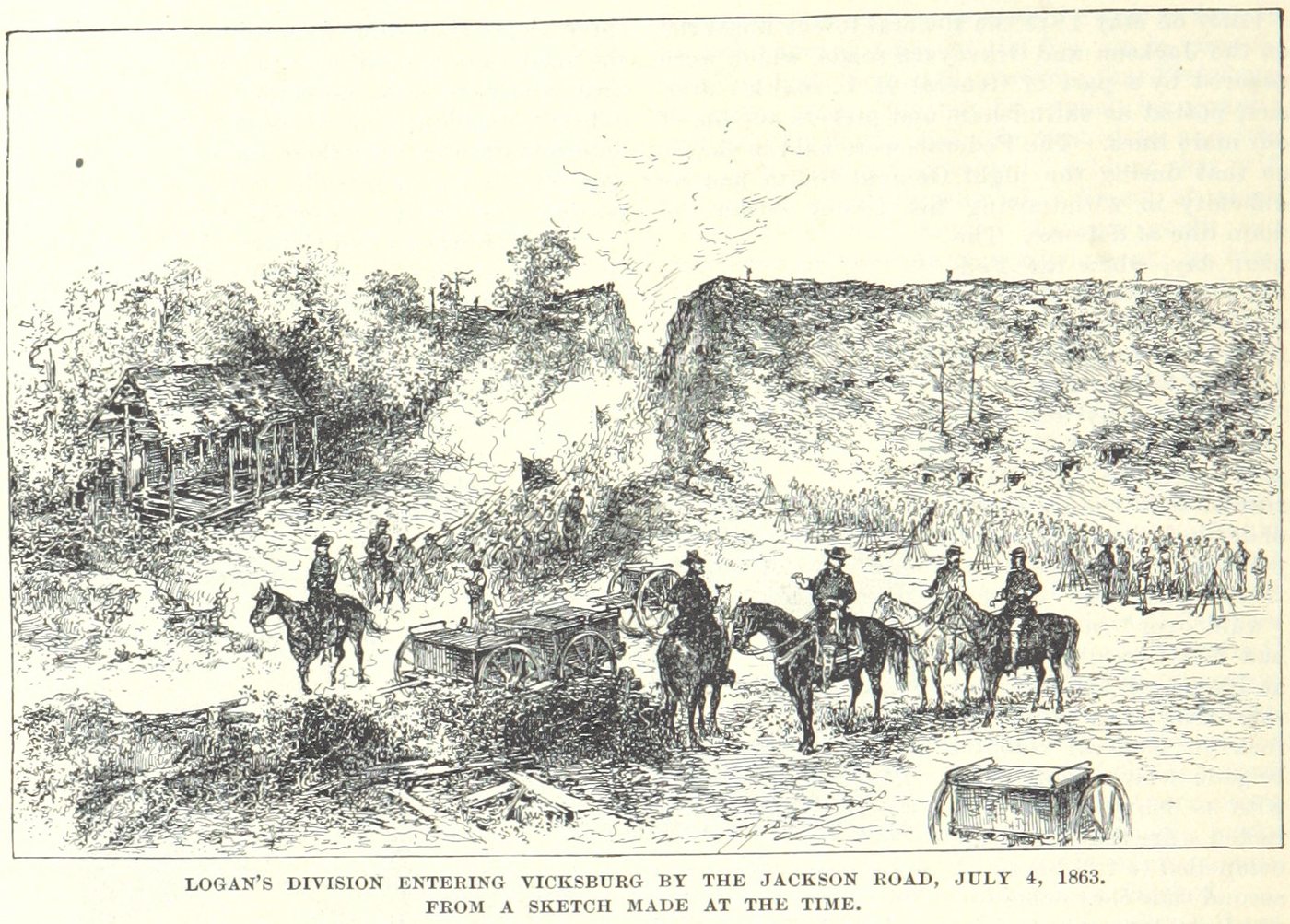 Engraving of Union officers on horseback leading troops along a road past earthworks