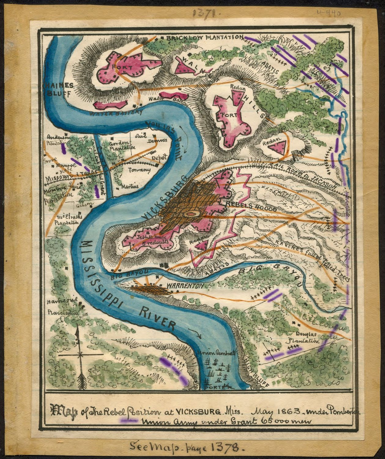 Coloured Civil War map of Vicksburg ringed by Union lines on the east bank of the Mississippi